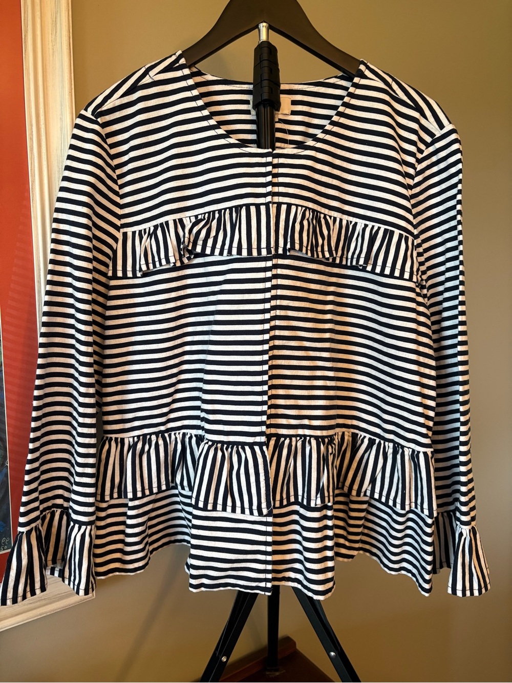 NWT Loft Outlet Size Large Navy & White Striped Jacket with Ruffle Detail